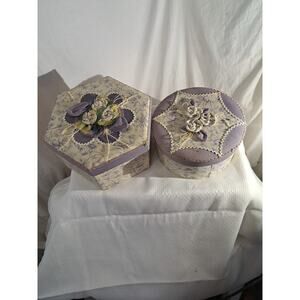 VTG Quilted Gift Box Set Sewing Trinket Box Quilted Floral Cream and Purple